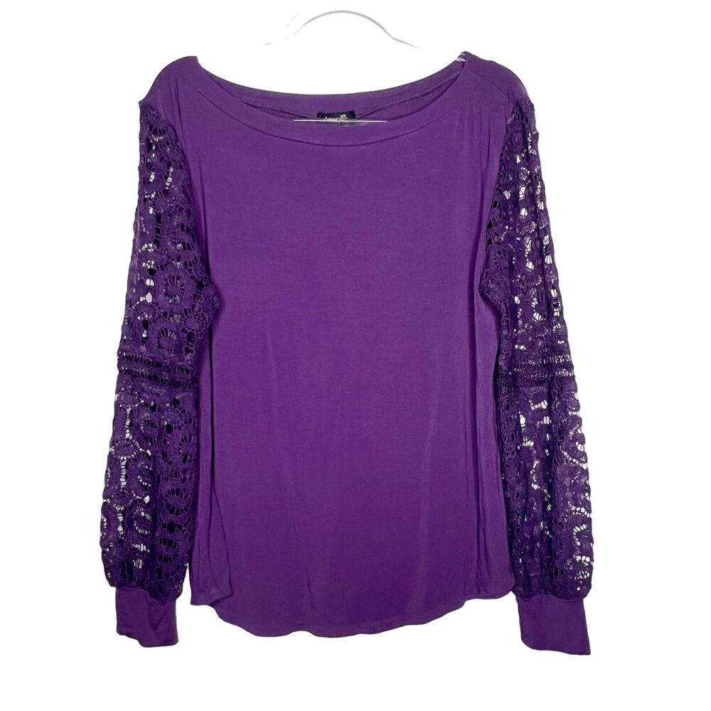 AMARYLLIS Crochet Lace Long Sleeve Blouse Pullover Crewneck Purple Plus Size 1XL - Picture 3 of 9